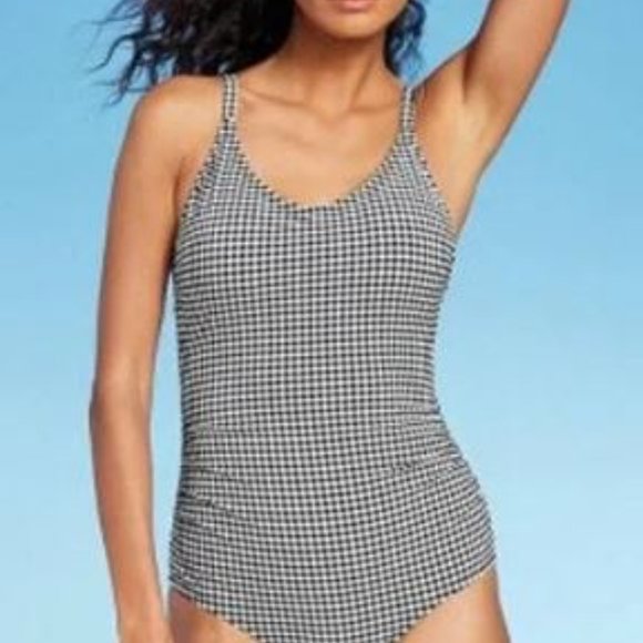 Kona Sol Other - Kona Sol Textured Gingham Ruched, Black White Swimsuit, Size L